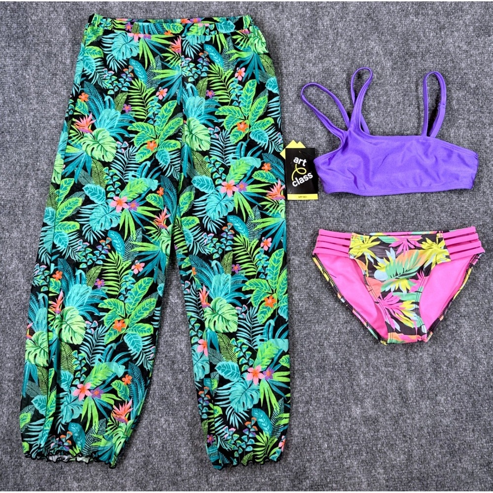 Girls 6/7 3pc Swimsuit Bundle Purple Tropical Bikini Cover Up Pants NWT